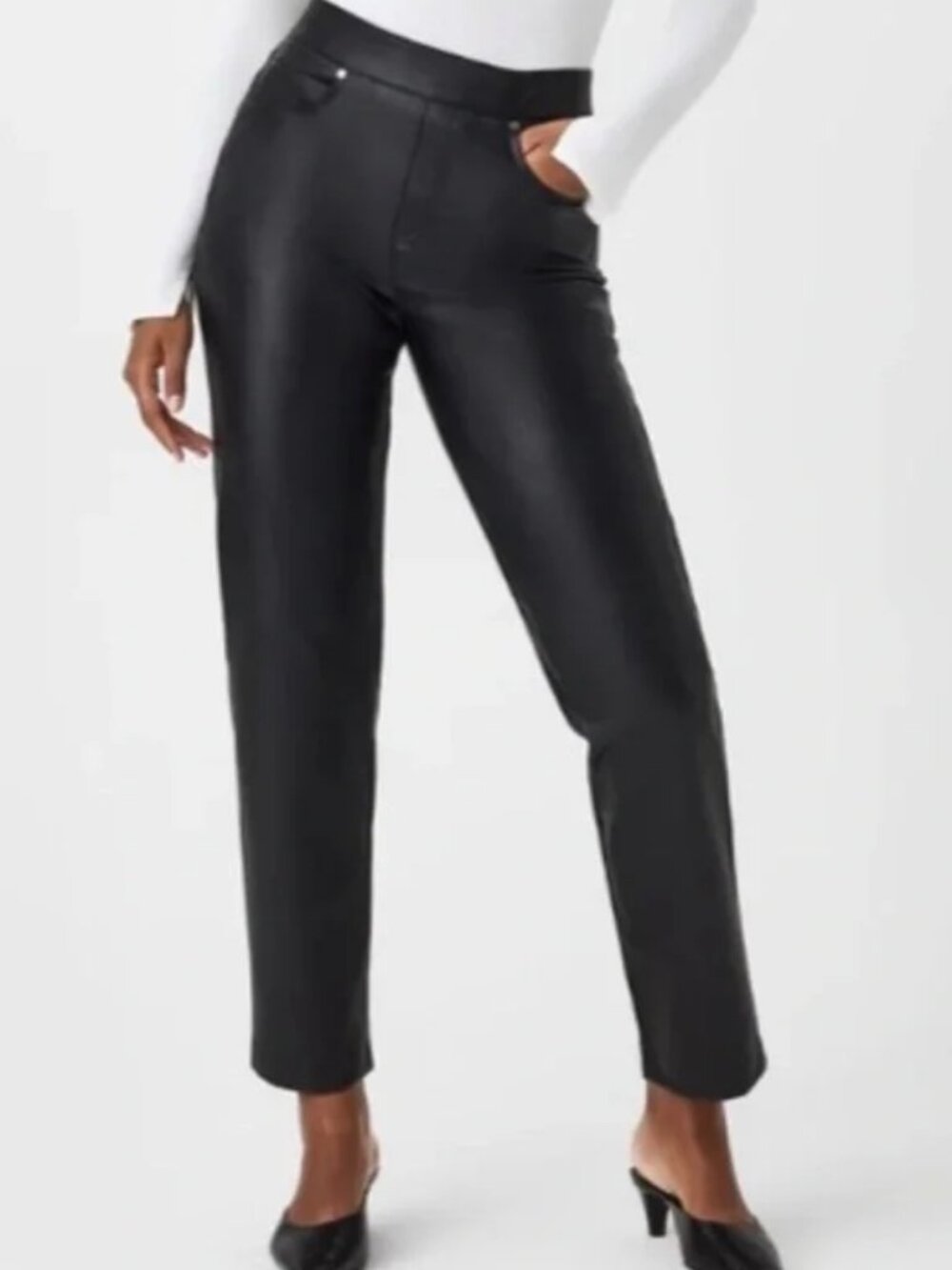 NEW NWOT! FAUX LEATHER LIKE PULL-ON JEANS SLIM STRAIGHT ANKLE STRETCH sz L